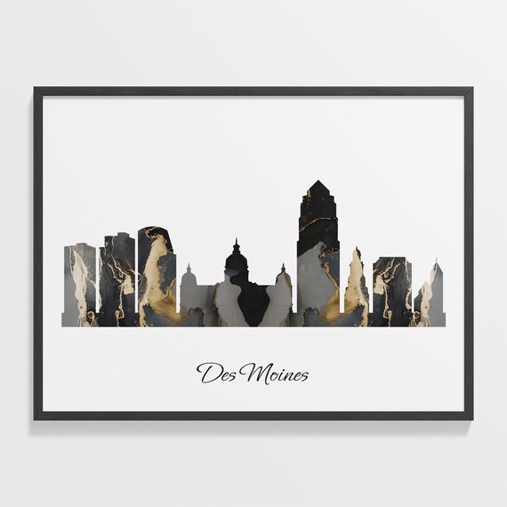 Marble Cityscape Des Moines Skyline United States Black Gold Elegant Art Poster