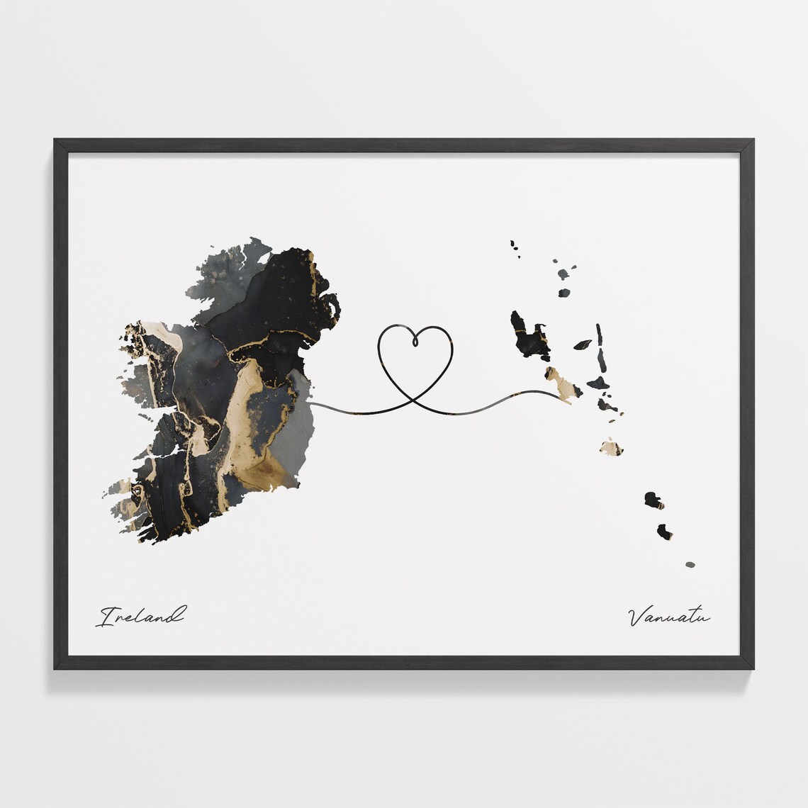 Ireland to Vanuatu Black Gold Marble Map Heart Line Art Poster