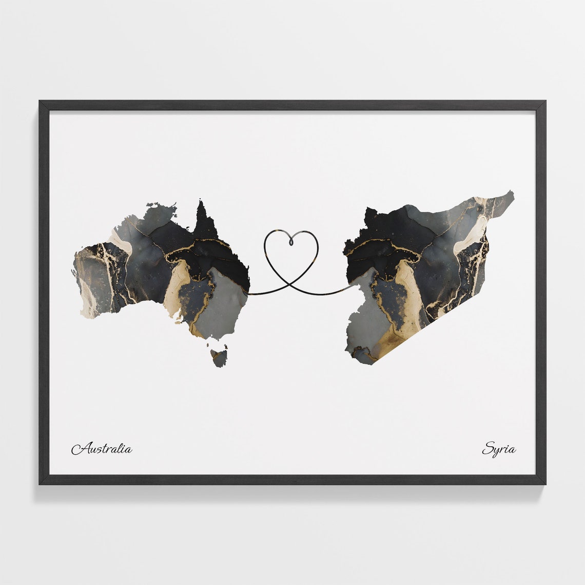 Australia Syria Long Distance Love Heart Marble Map Gift Poster
