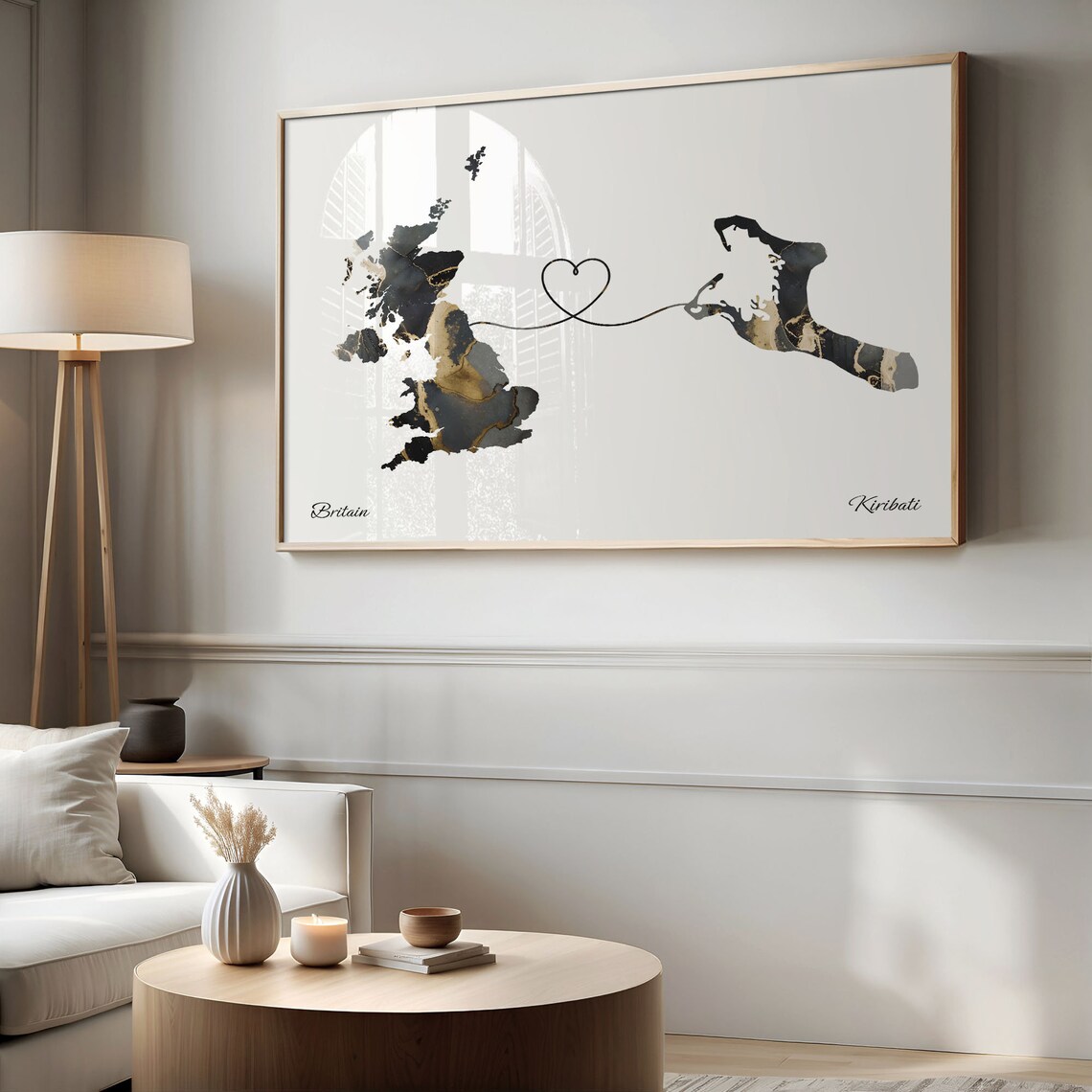 Britain to Kiribati Marble Heart Map Poster Gift for Long Distance Love - Image 2
