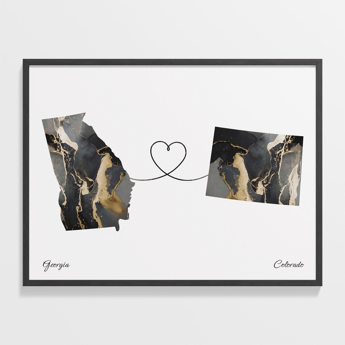 Georgia To Colorado Marble Map Heart Poster Long Distance Love Gift