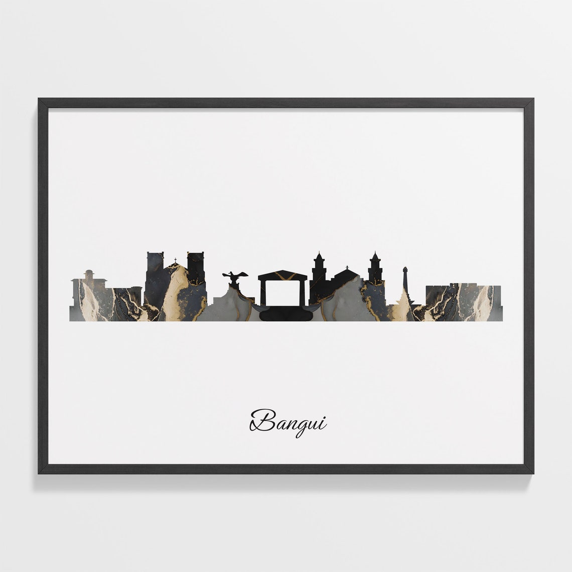 Bangui Black Marble Skyline Silhouette Poster Modern Cityscape Art