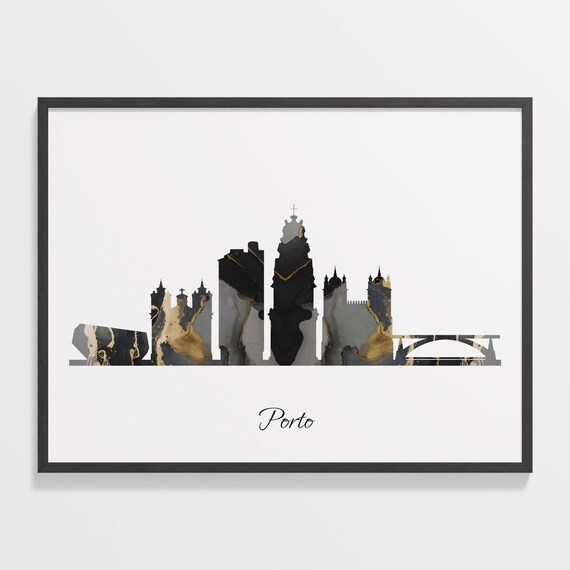 Porto Portugal Black Gold Marble Skyline Bridge Church Silhouette Poster