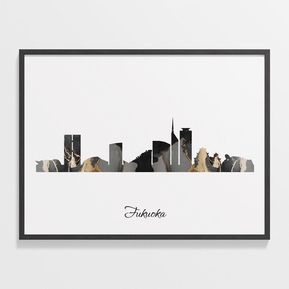 Fukuoka Japan Black Gold Marble Skyline Silhouette Cityscape Poster