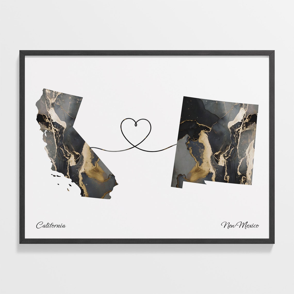 California to New Mexico Black Gold Marble Map Heart Line Art Poster