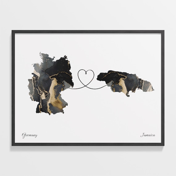 Germany to Jamaica Marble Heart Map Print Long Distance Couple Gift