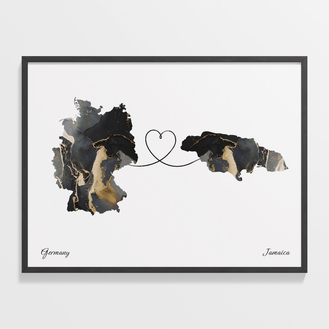 Germany to Jamaica Marble Heart Map Print Long Distance Couple Gift