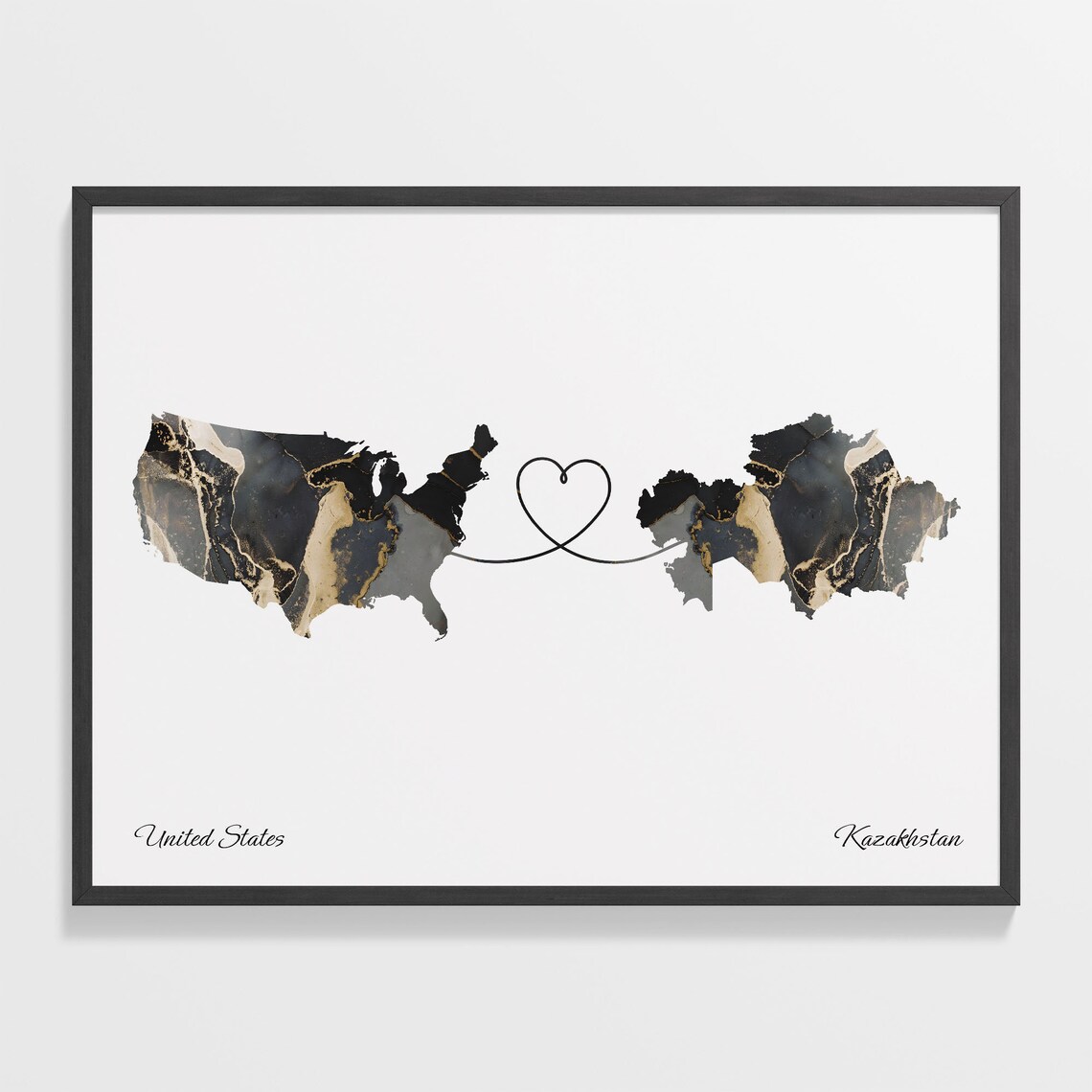 USA To Kazakhstan Map Poster, Borderless Love Gift