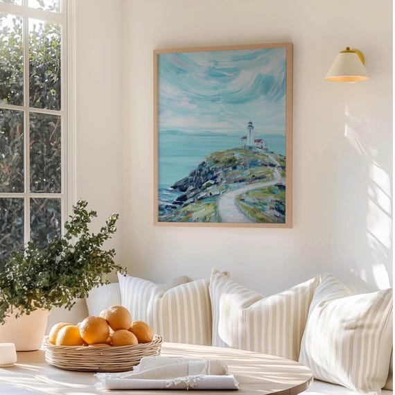 Lighthouse Coastal Print Ocean Wall Art Seaside Painting Modern Beach Decor Nautical Artwork Pastel Seascape