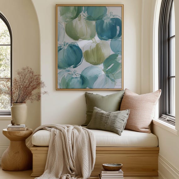 Coastal Pumpkin Art Print Teal Blue Fall Decor