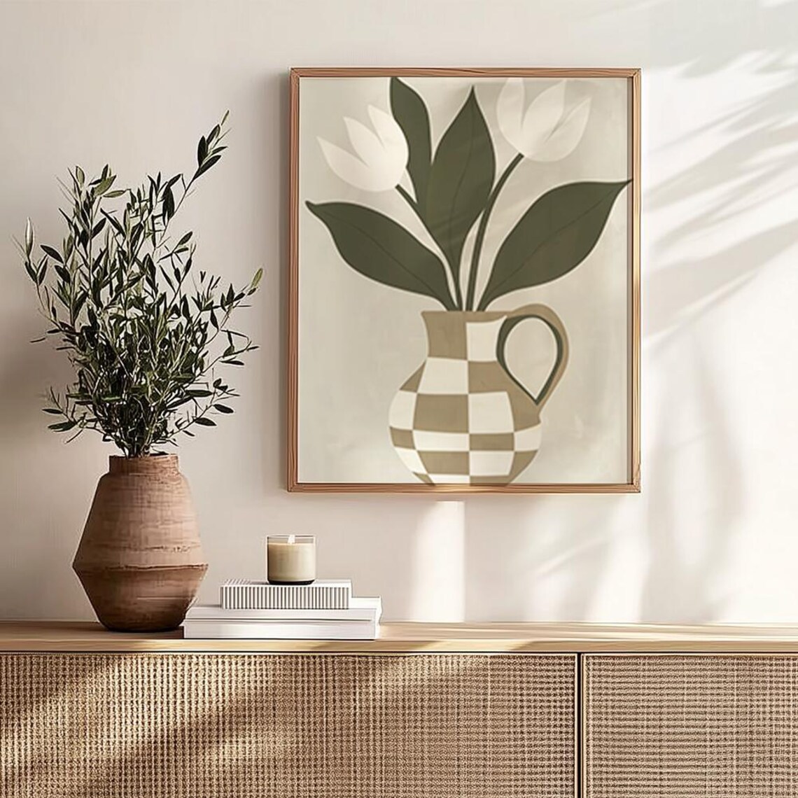 White Tulips in Checkered Vase Minimalist Botanical Art Poster