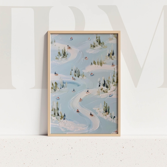 Snow Tubing Art Print, Winter Landscape Painting