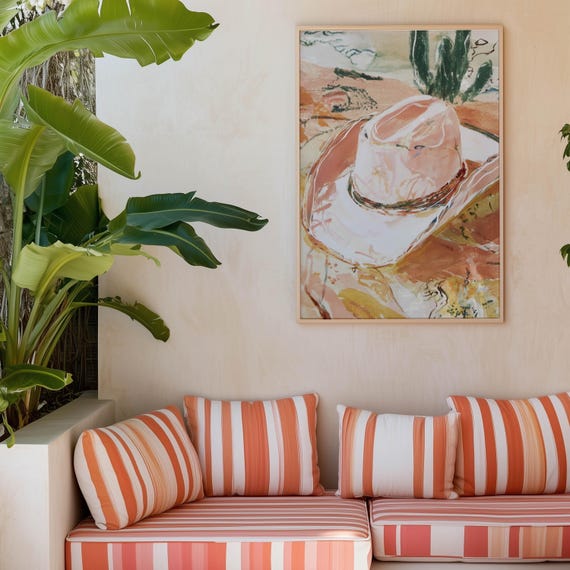 Abstract Cowboy Hat Wall Art Print Pink Orange Western Painting Southwestern Desert Style Artwork Rustic Boho Decor Modern Home