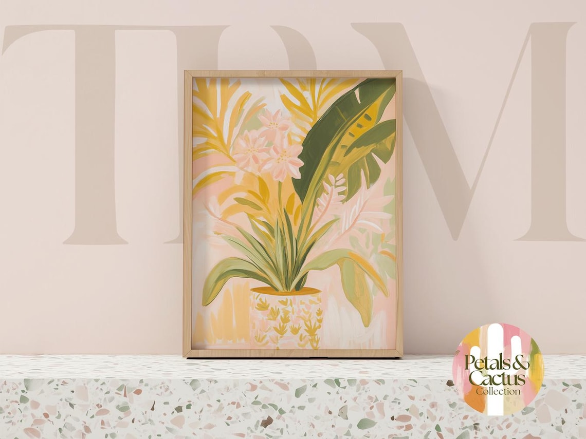 Tropical Plant in Patterned Pot Yellow Pink Botanical Poster - Image 4
