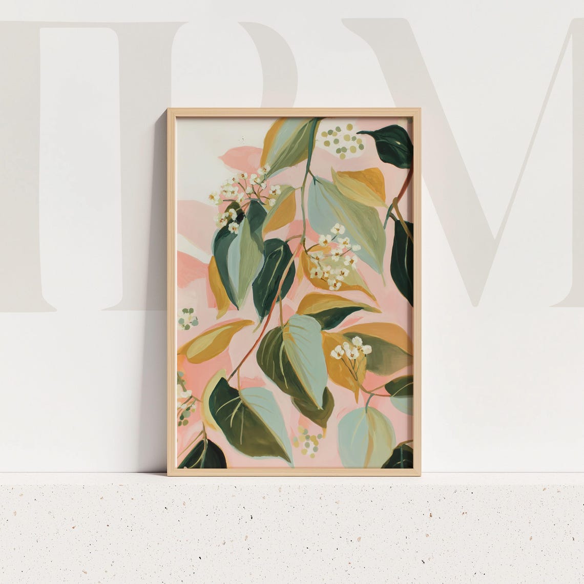Blush Botanical Art White Blossoms Green Gold Leaves Wall Art