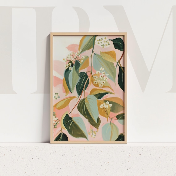 Blush Botanical Art White Blossoms Green Gold Leaves Wall Art