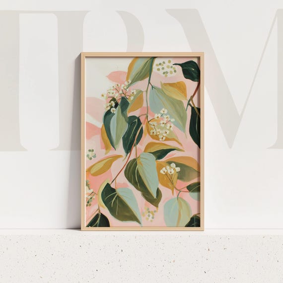 Tropical Botanical Art Print Coral Flower Green Leaves