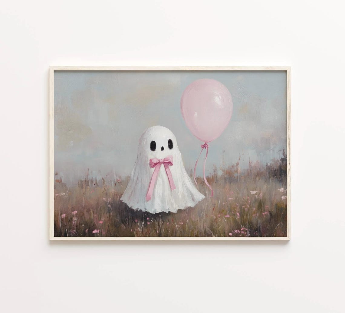 Cute Ghost With A Pink Bow And Balloon In A Flower Meadow Poster - Image 3