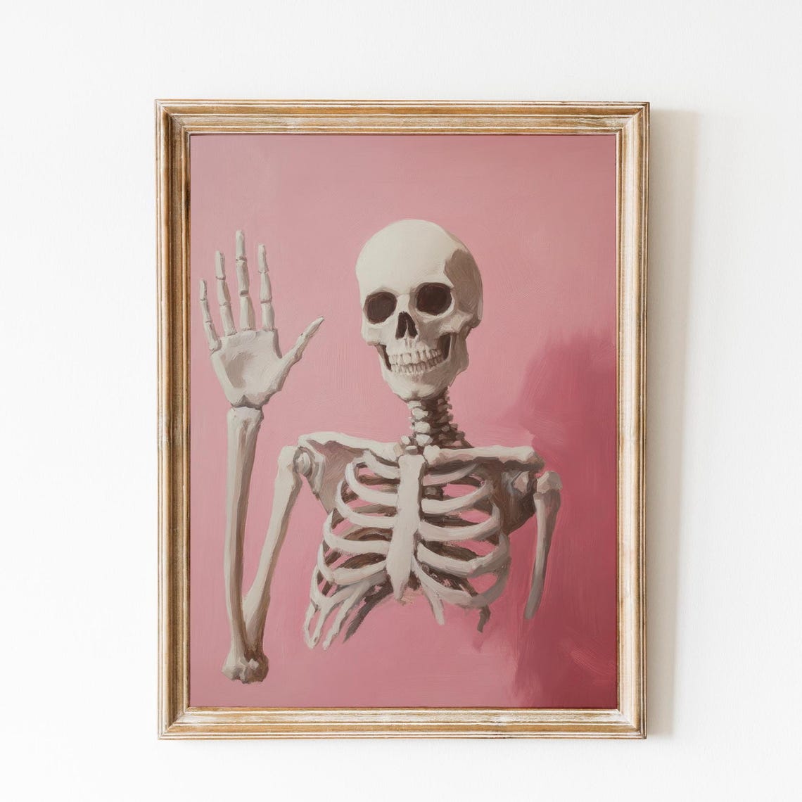 Playful Skeleton Waving Hand On A Pink Background Halloween Poster