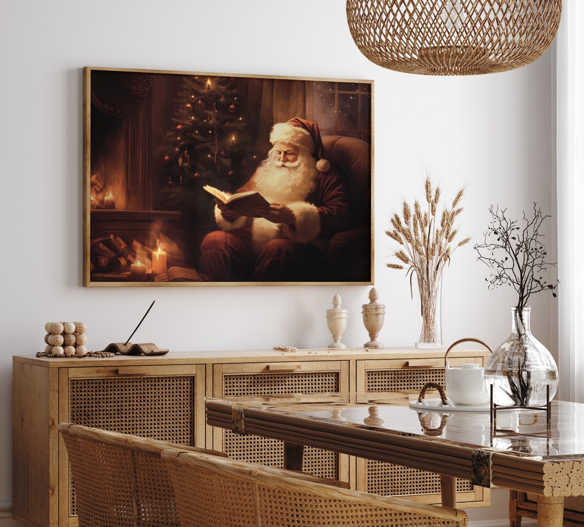 Santa Reading A Book Print Xmas Print Vintage Christmas Painting Moody Art Holiday Art Trendy Christmas Classic Santa Poster - Image 5