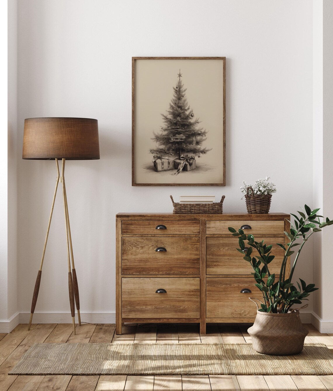Sepia Pencil Sketch Christmas Tree With Gifts Vintage Holiday Poster - Image 2