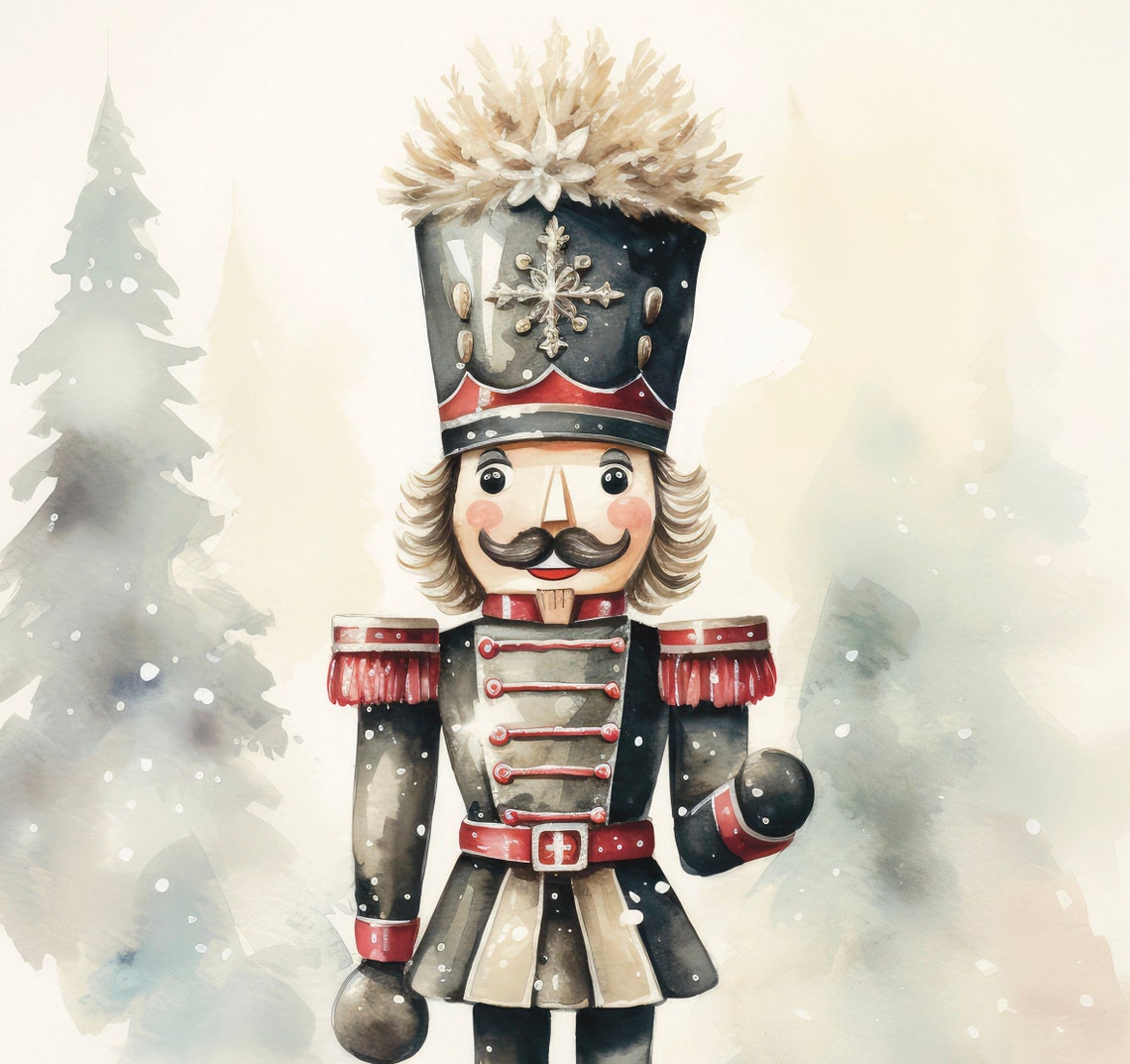 Watercolor Nutcracker In Dark Uniform With Snowy Christmas Poster - Image 6