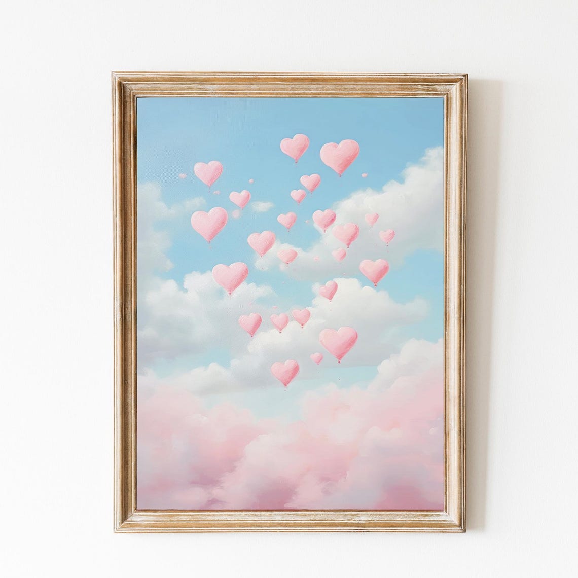 Pink Heart Balloons Floating In A Blue Cloudy Sky Dreamy Poster