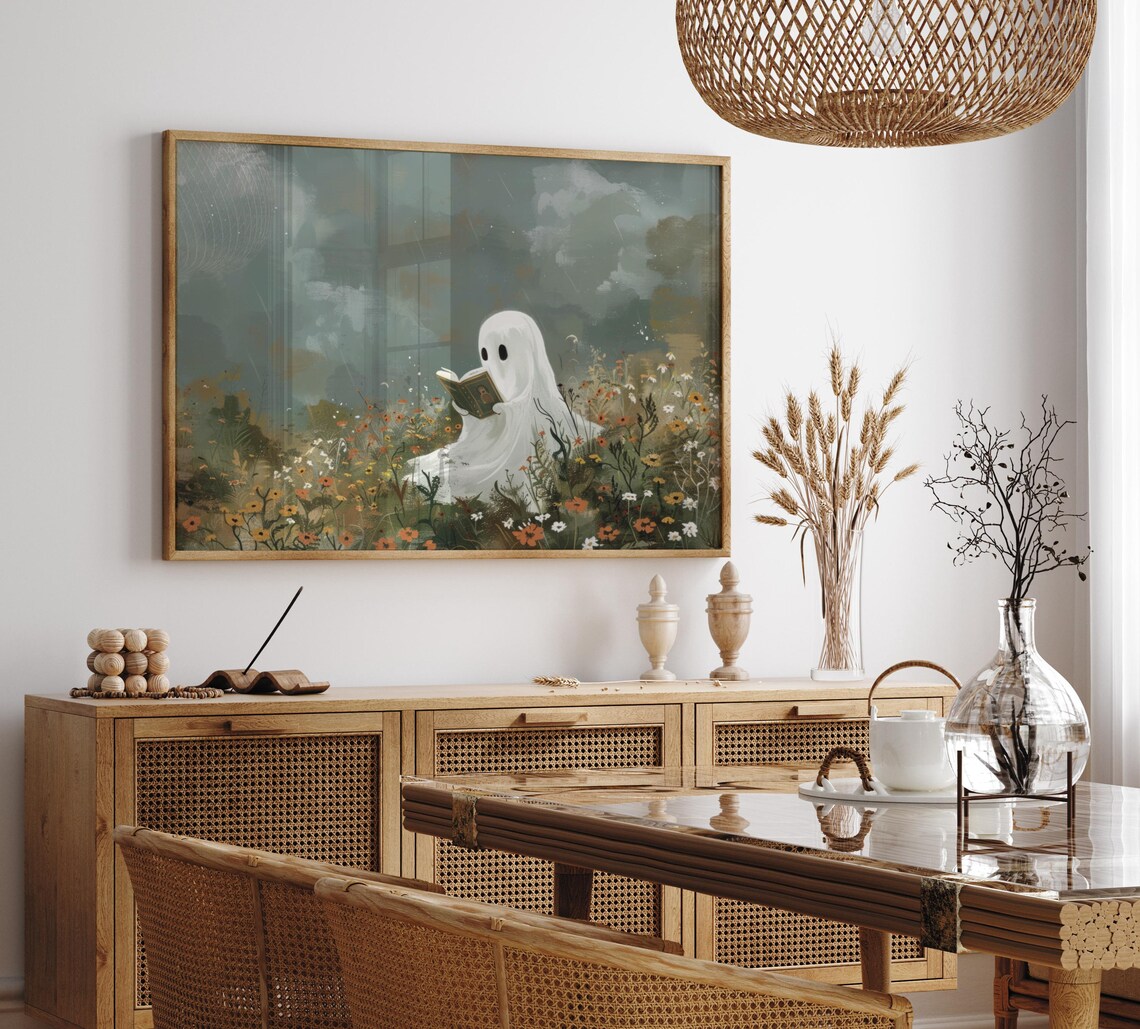 Cute Ghost Reading Print, Vintage Halloween Decor - Image 6