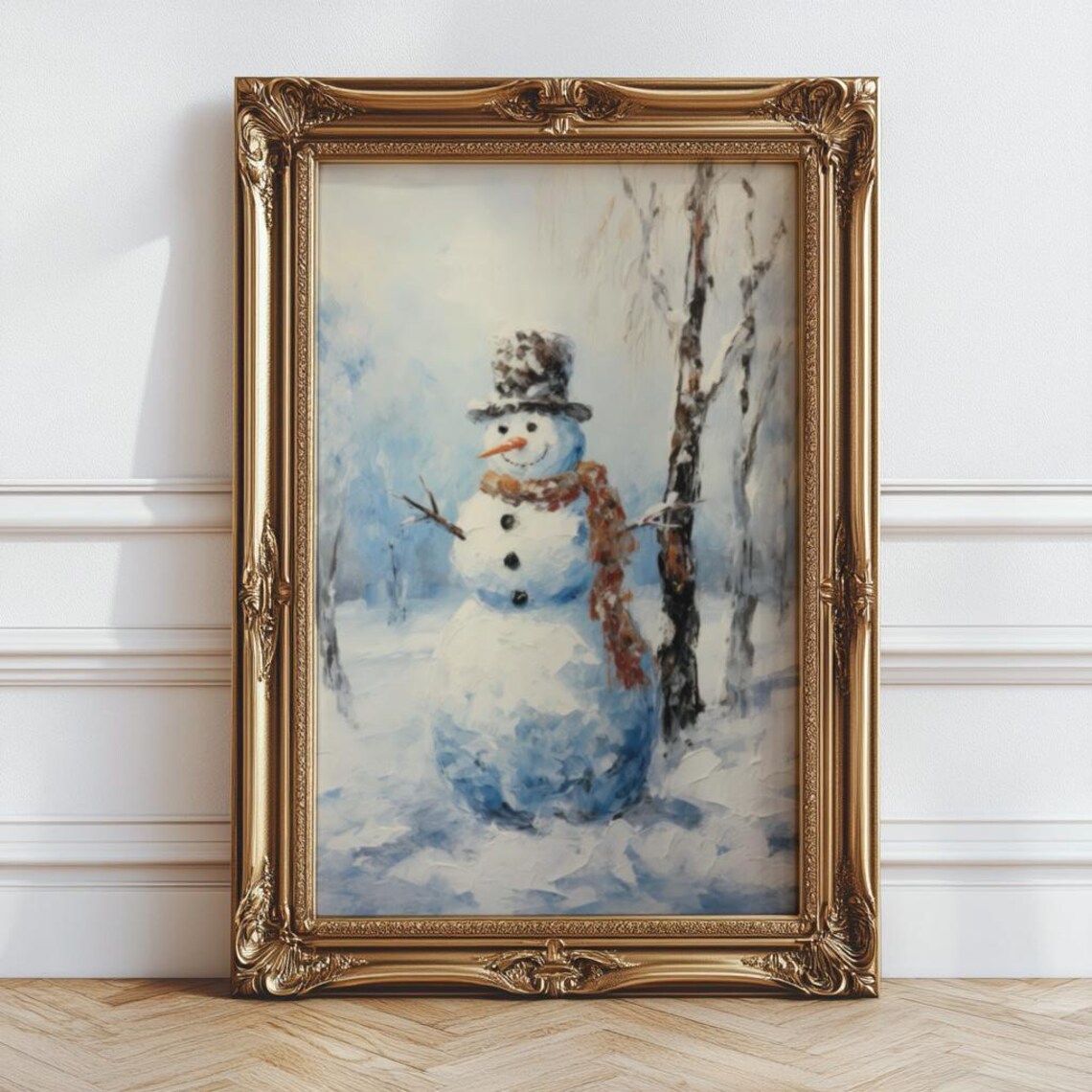 Vintage Snowman in Winter Woods Rustic Snowy Christmas Painting Poster - Image 5
