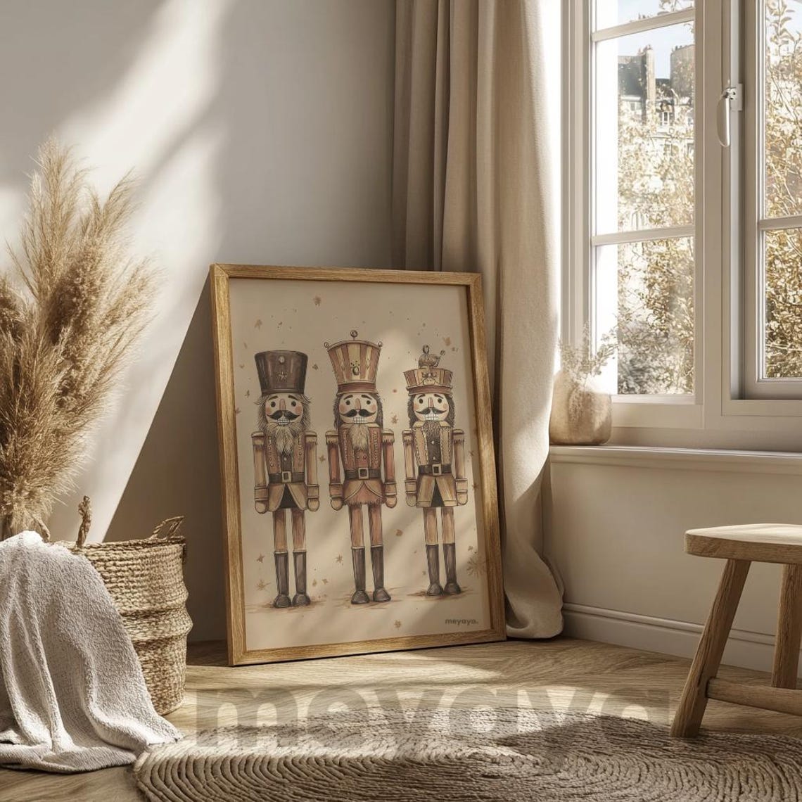 Three Wooden Nutcrackers Starry Tan Vintage Christmas Art Poster - Image 5