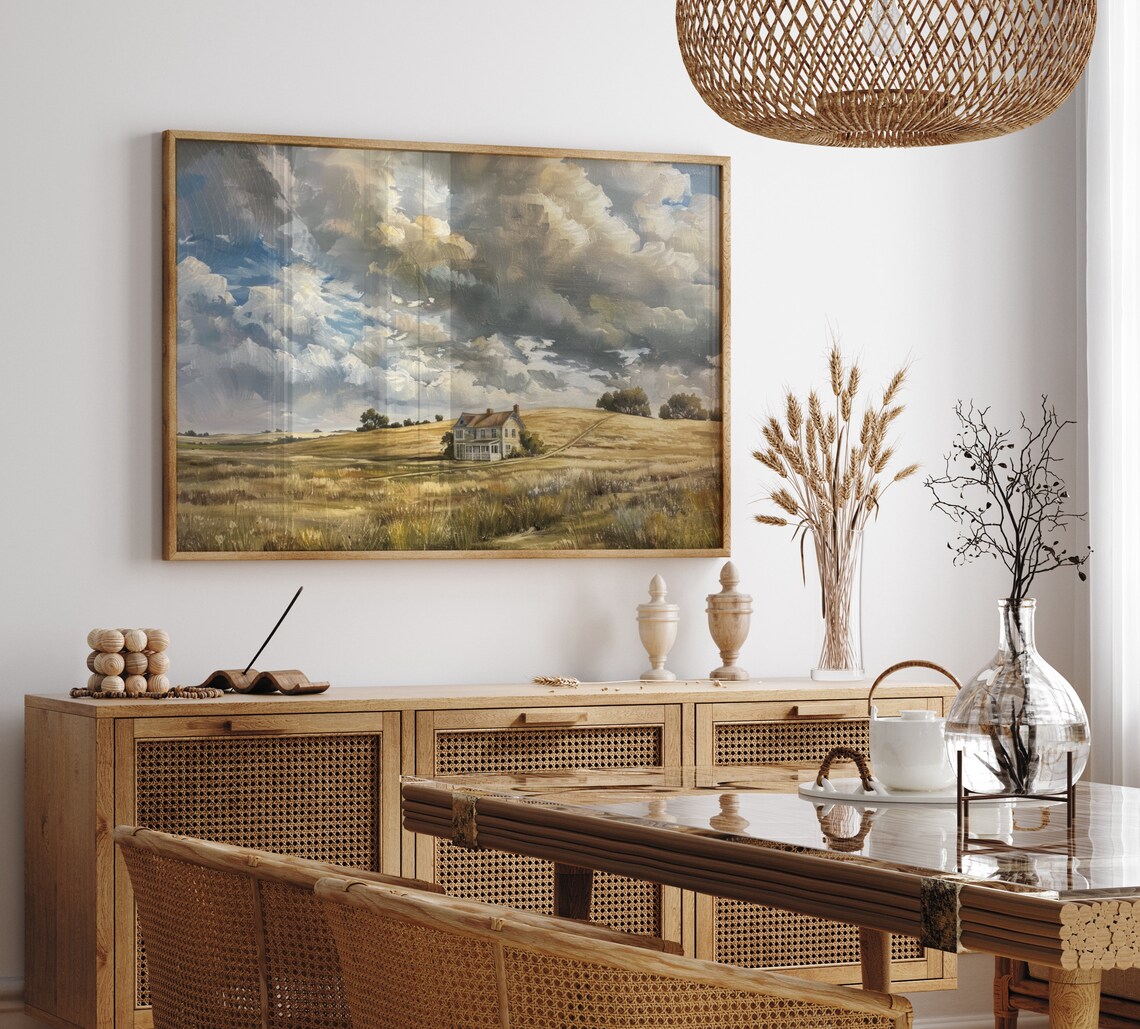 Farmhouse On Hill Dramatic Clouds Golden Prairie Vintage Poster - Image 6