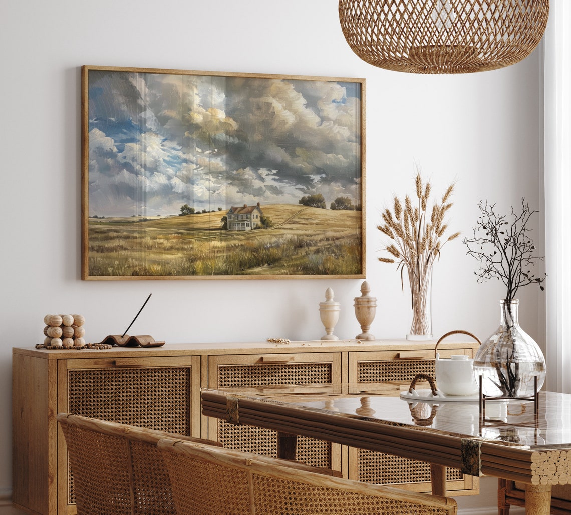 French Country Landscape Painting Landscape Art Vintage Farmhouse Art Decor Spring Countryside Print Cloudy Sky Oil Painting - Image 6