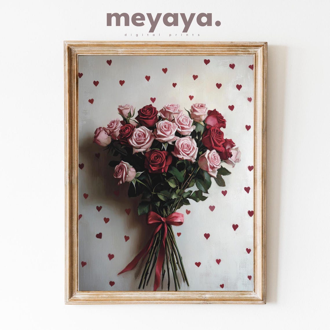 Red Pink Roses Bouquet Romantic Valentines Day Heart Wall Print