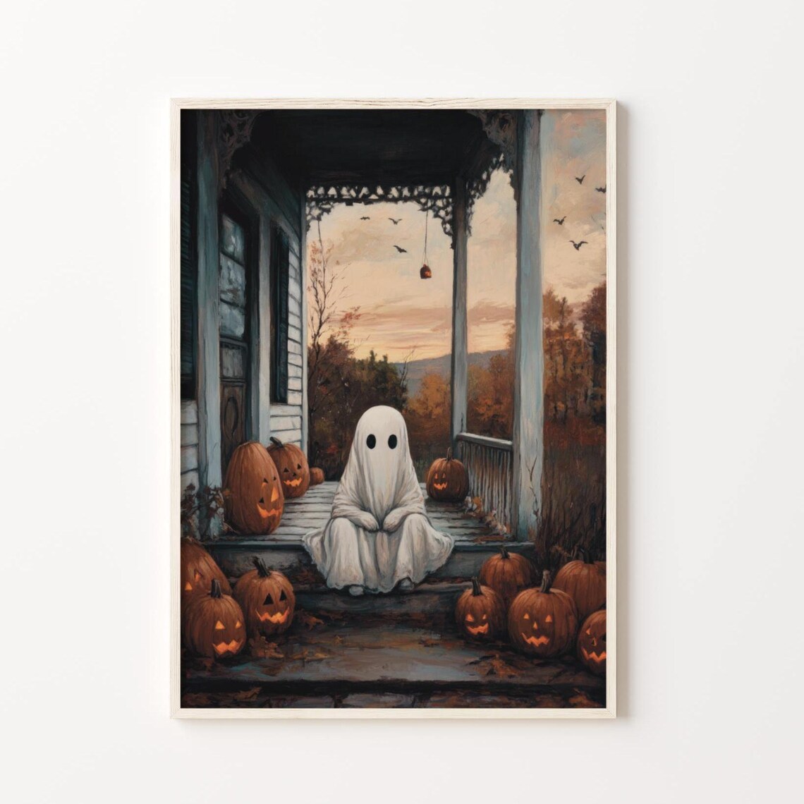 Cute Ghost Sitting On A Spooky Porch Surrounded By Jack O Lanterns Poster - Image 3