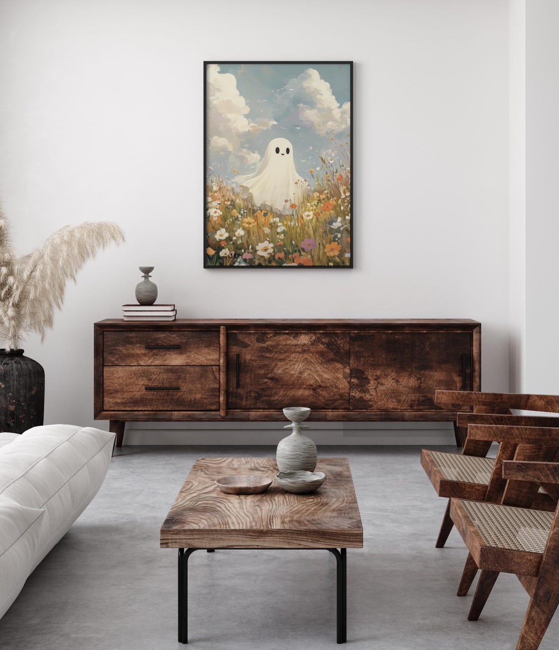 Smiling Ghost in Wildflower Meadow Bright Painting Wall Poster - Image 2