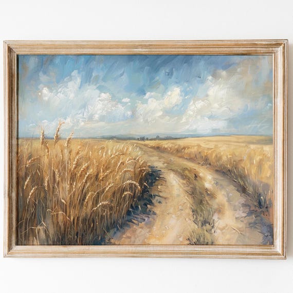 Wheat Field Art Farmhouse Wall Decor Landscape Painting Vintage Fall Print Country Field Wall Art Muted Art Print Wheat Poster