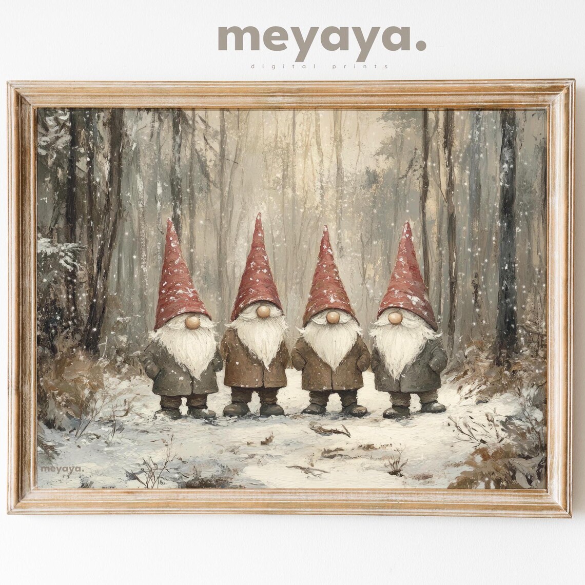 Four Christmas Gnomes Red Hats Snowy Forest Winter Art Poster