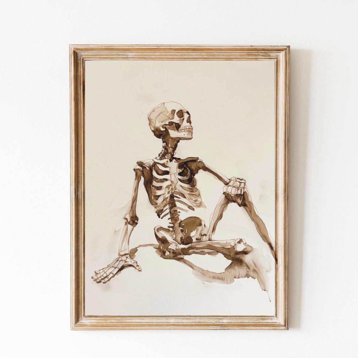 Seated Human Skeleton Sepia Ink Study On Cream Background Poster