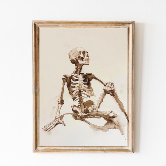 Seated Human Skeleton Sepia Ink Study On Cream Background Poster