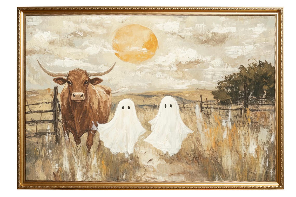 Longhorn Cow Ghosts Sunset Field Rustic Painting Art Wall Poster - Image 6