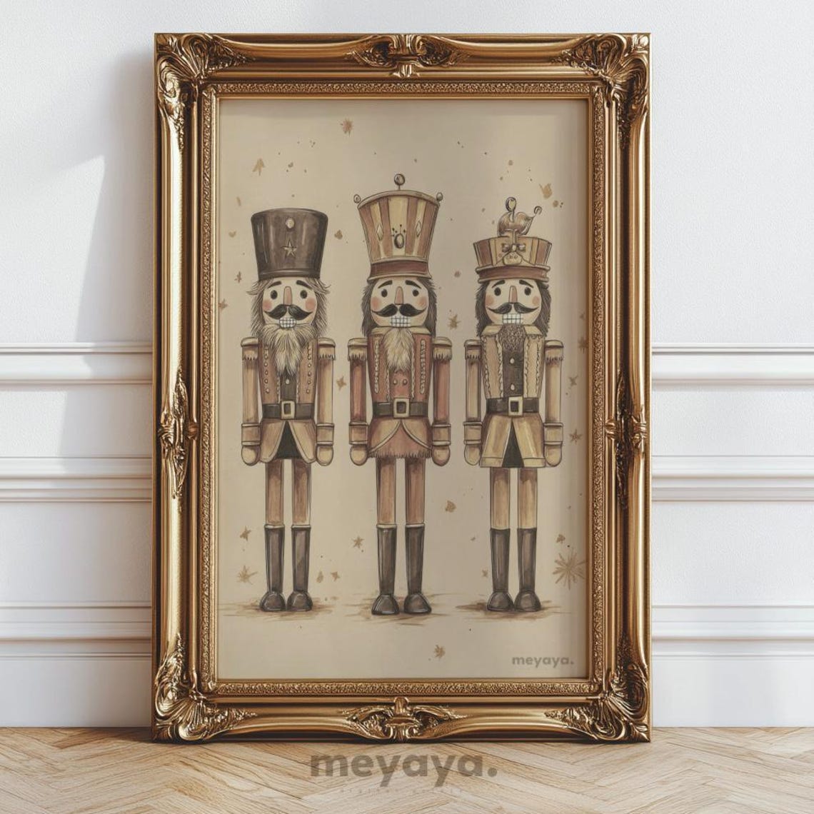 Three Wooden Nutcrackers Starry Tan Vintage Christmas Art Poster - Image 4