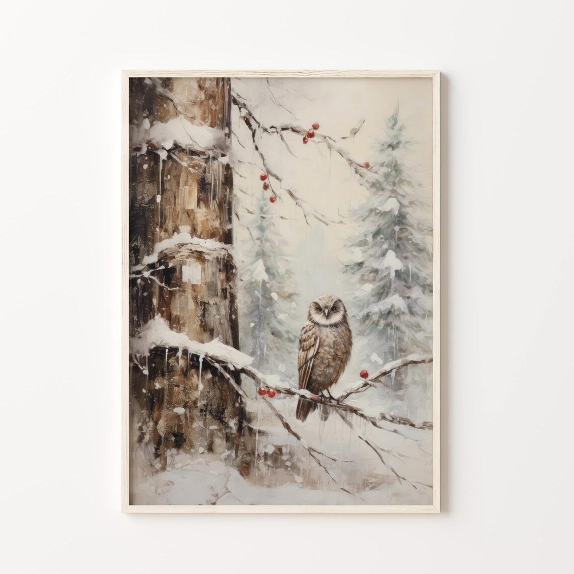 Winter Owl On Snowy Branch Red Berries Vintage Forest Poster - Image 4