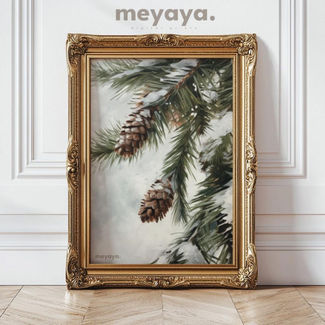 Snowy Pine Branches Pinecones Vintage Botanical Winter Painting Poster - Image 5
