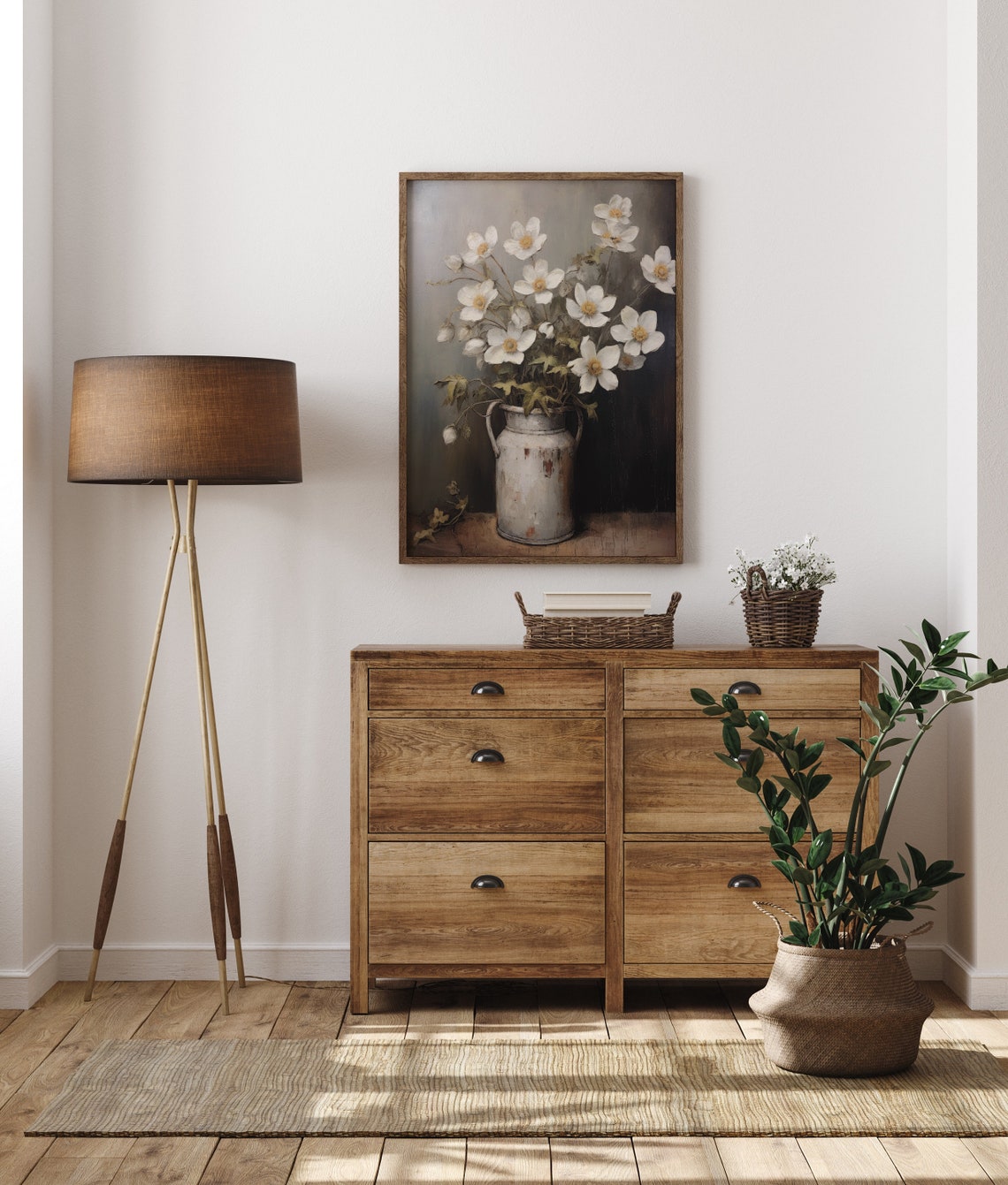 White Flowers In Rustic Pitcher Moody Vintage Still Life Poster - Image 5