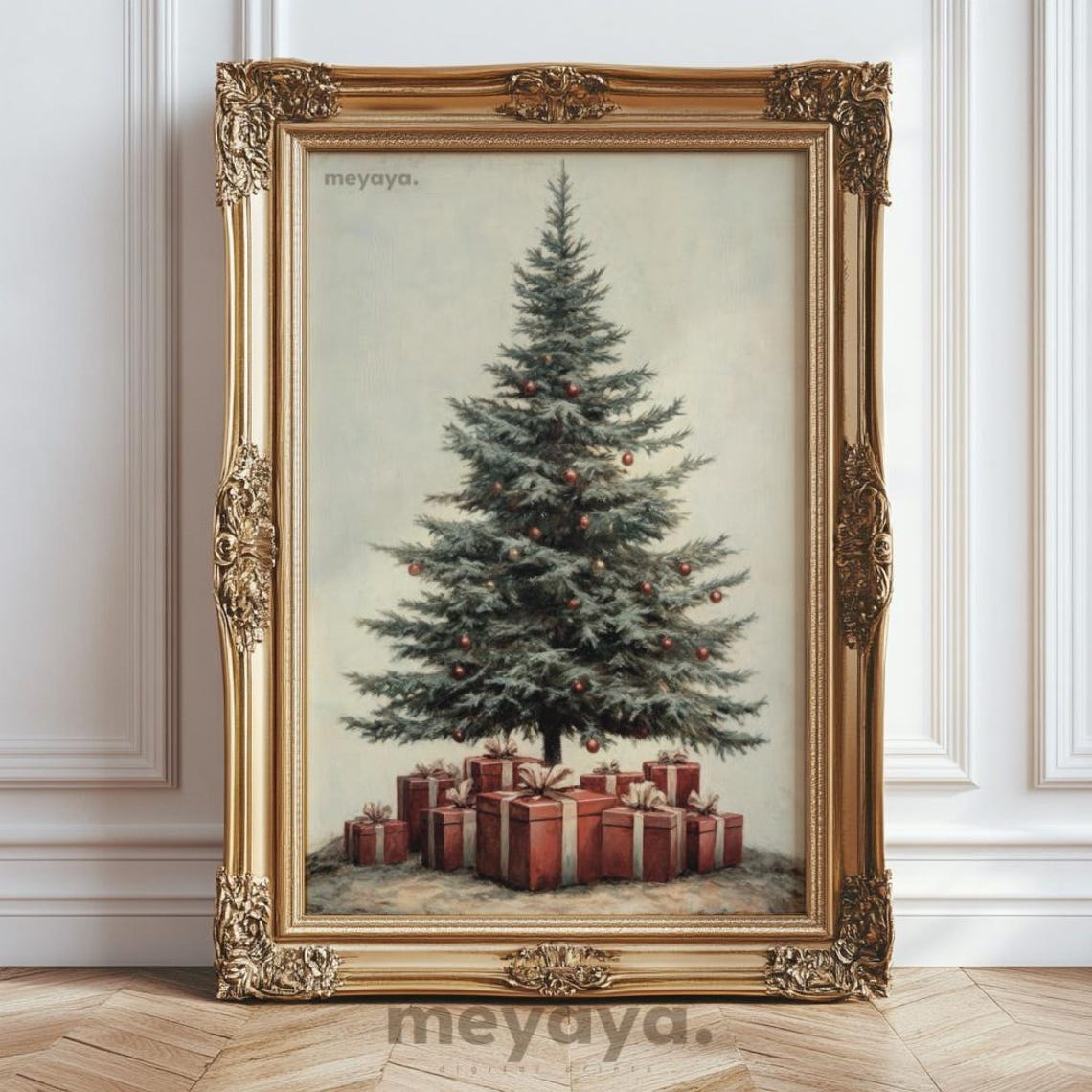 Christmas Tree Red Ornaments Gifts Rustic Vintage Holiday Poster - Image 4