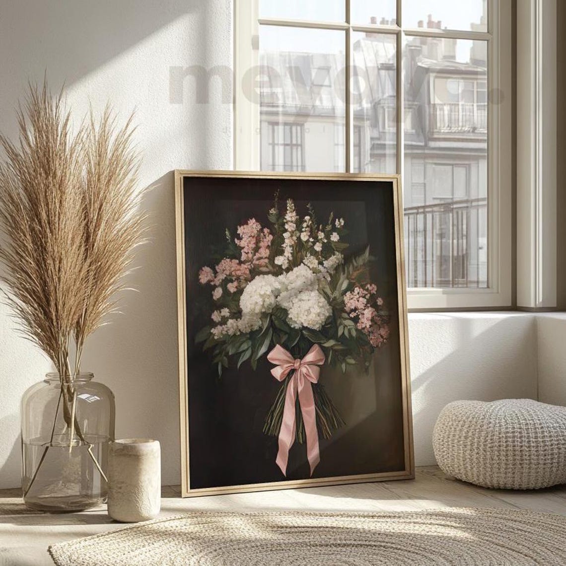 Pink Bow Flower Bouquet Dark Academia Vintage Romantic Wall Print - Image 4