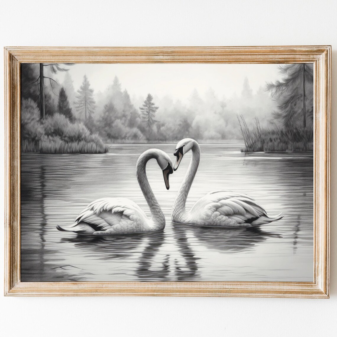 Two Swans Heart Shape Black And White Lake Vintage Love Poster