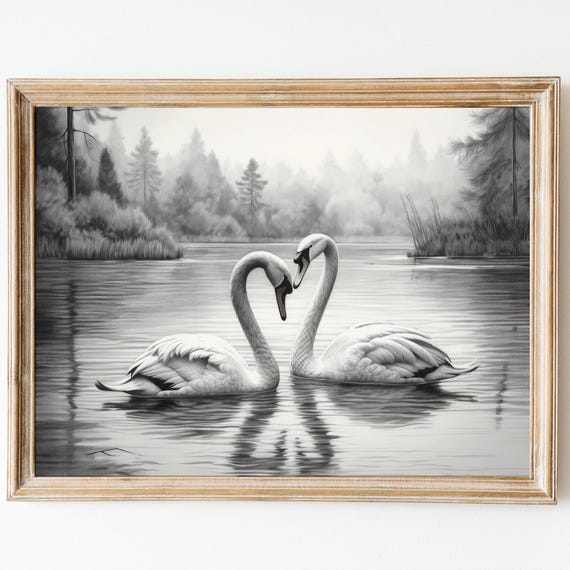 Farmhouse Cute Swan Print Love Artwork Vintage Valentine Wall Art Swan Painting Black White Swan Decor Lakeside Art Instant