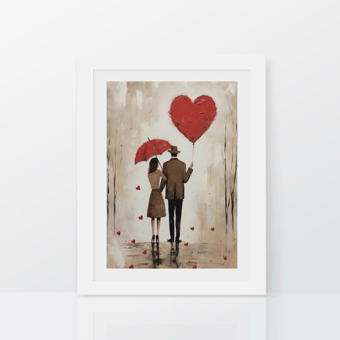 Couple Red Heart Balloon Umbrella Rainy Day Romantic Art Poster - Image 2