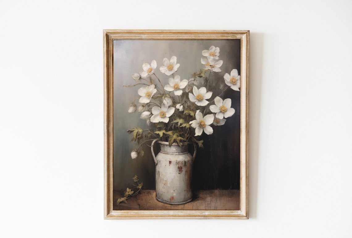 White Flowers In Rustic Pitcher Moody Vintage Still Life Poster